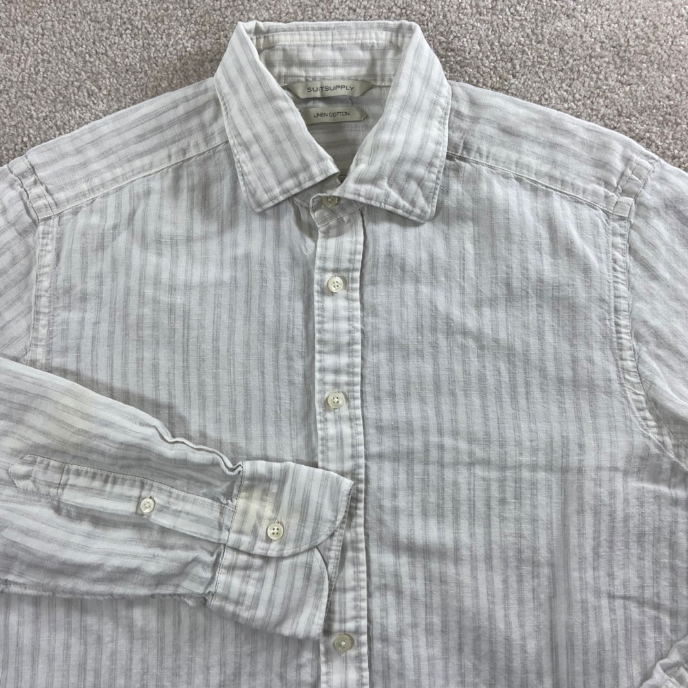 Suitsupply Button Down Shirt Mens 15 38 Slim Fit White Gray Striped Linen Cotton